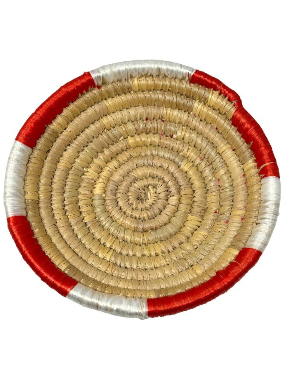 Handwoven Straw Coil Basket Bowl Red White Accents Exuma 9 in